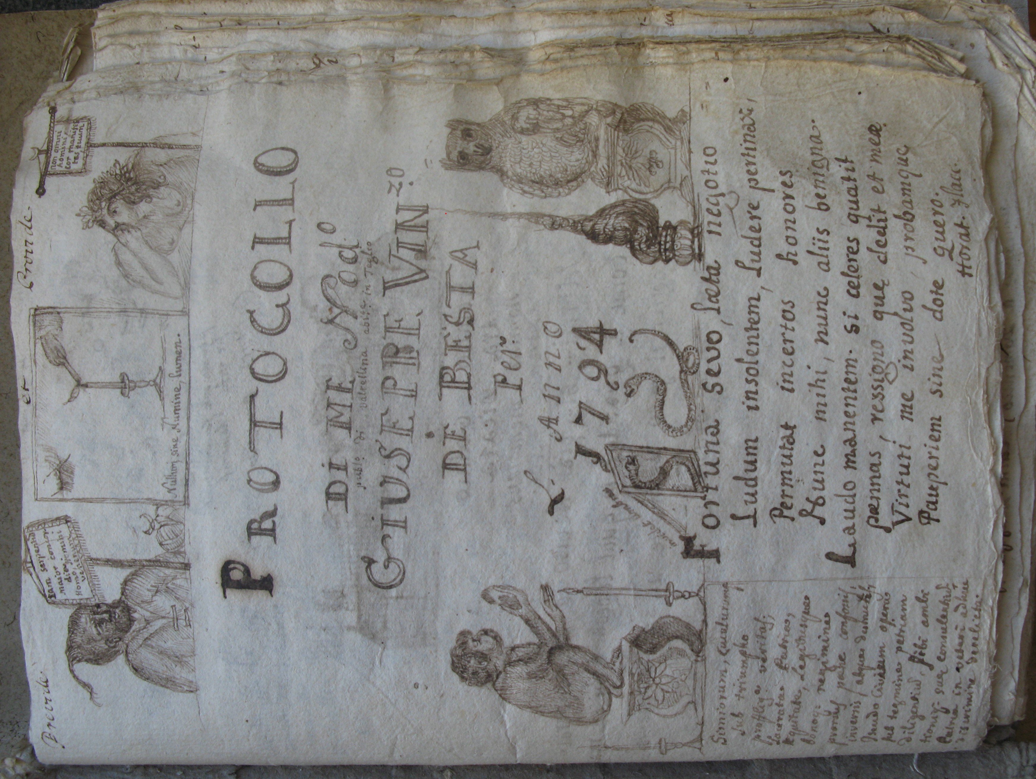 Protocollo delle imbreviature del 1794 del notaio Giuseppe Vincenzo Besta di Teglio con
raffigurazioni e versi poetici.